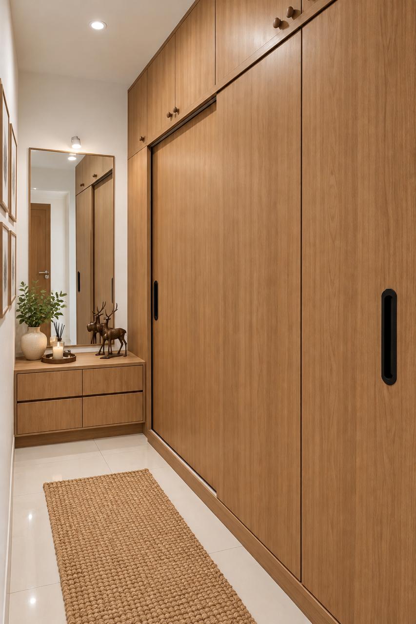 Wooden finish sliding wardrobe with vanity mirror